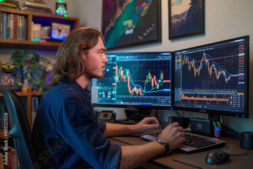  Young Trader Analyzing Stock Market Trends on Dual Monitors,A focused trader is seen analyzing stock charts and market trends on dual monitors in a well-organized workspace