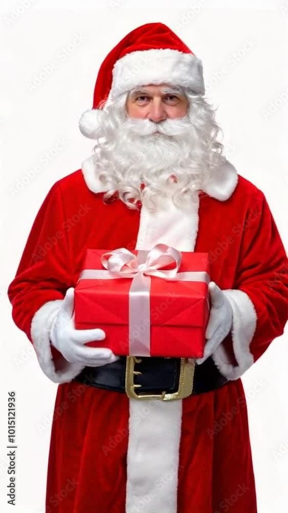 Santa Claus holding a red gift box against a white background. Santa Claus holding a red gift box against a white background.