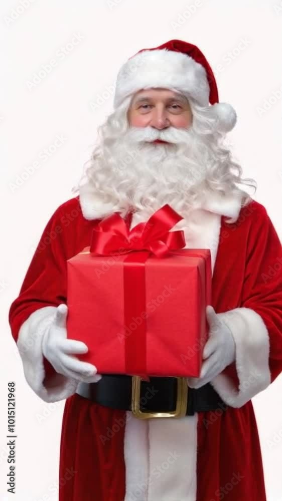 Santa Claus holding a gift box on a plain white background, smiling. Santa Claus holding a gift box on a plain white background, smiling.