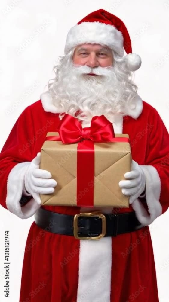 Santa Claus holding a golden gift box against a plain white background. Santa Claus holding a golden gift box against a plain white background.