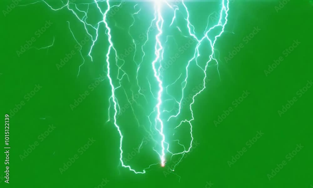 A lightning storm with dramatic, branching bolts striking the ground, followed by glowing cracks, on a green screen background.