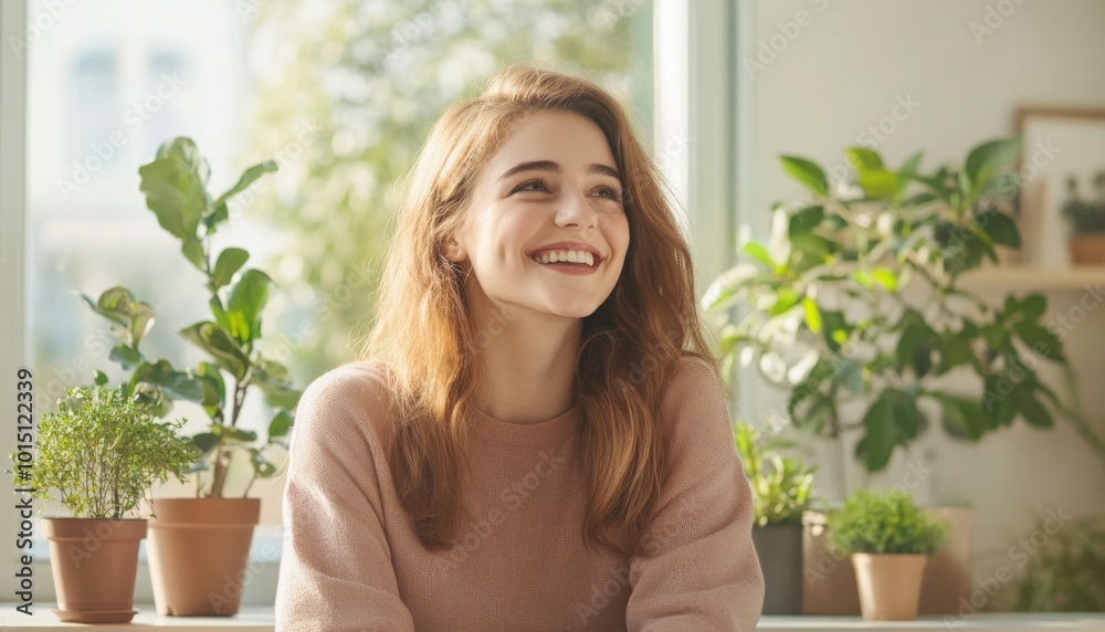 A young woman laughs joyfully while watching an online video featuring her boss sharing insights about her work. A young woman laughs joyfully while watching an online video featuring her boss sharing insights about her work.