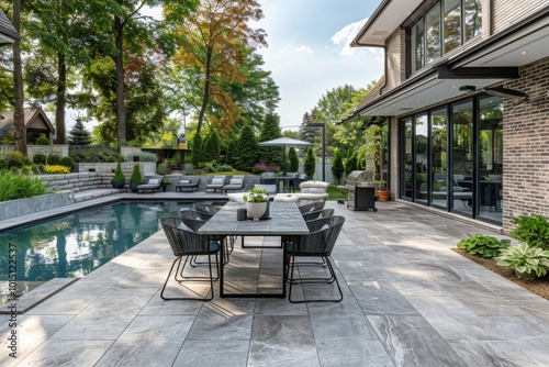 Grey porcelain pavers creating an elegant outdoor dining area near a swimming pool and house.