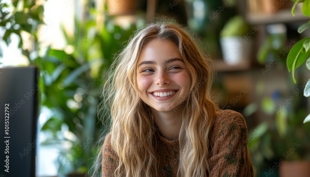 A young woman laughs joyfully while watching an online video featuring her boss sharing insights about her work. A young woman laughs joyfully while watching an online video featuring her boss sharing insights about her work.