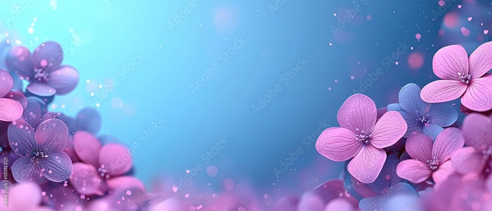 Delicate pink and purple flowers bloom in a soft blue background. Delicate pink and purple flowers bloom in a soft blue background.