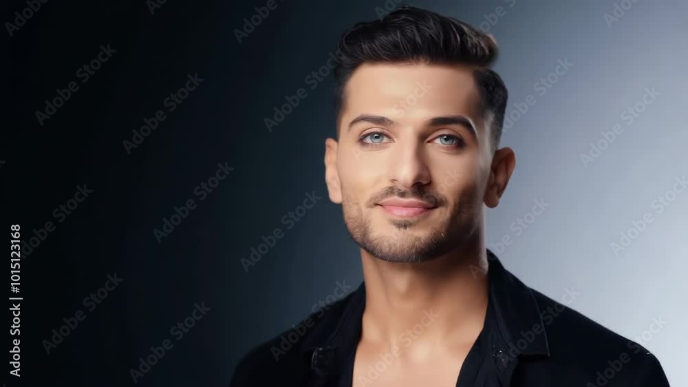 Handsome man with styled hair and a neat appearance, exuding a metrosexual vibe, posing confidently against a dark gradient background, representing LGBT culture Handsome man with styled hair and a neat appearance, exuding a metrosexual vibe, posing confidently against a dark gradient background, representing LGBT culture