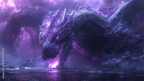 massive purple dragon emerges from misty waters, radiant energy pulsing from its form