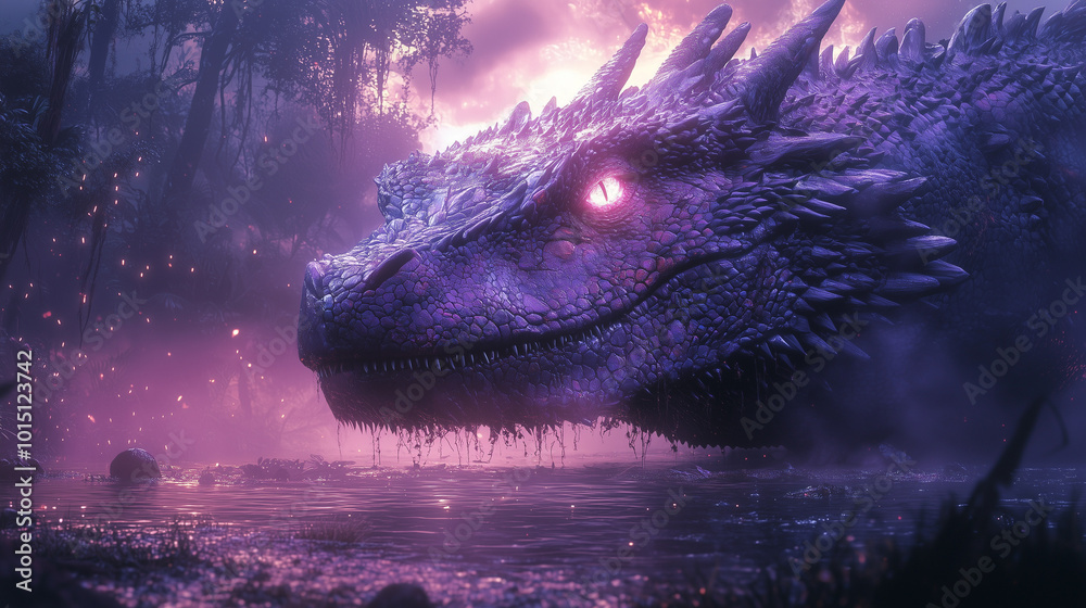 Obraz premium purple dragon rests in a mystical forest, pink glow reflecting in tranquil waters