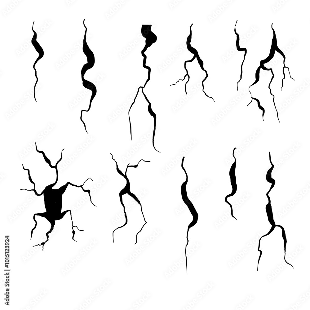 Fototapeta premium A collection of cracks spreading across a surface, resembling shattered glass or cracked ground. The black and white design gives a sense of brokenness or damage