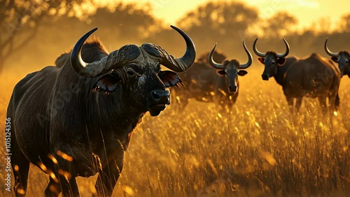 A herd of buffalo graze in the tall grass during a golden sunset