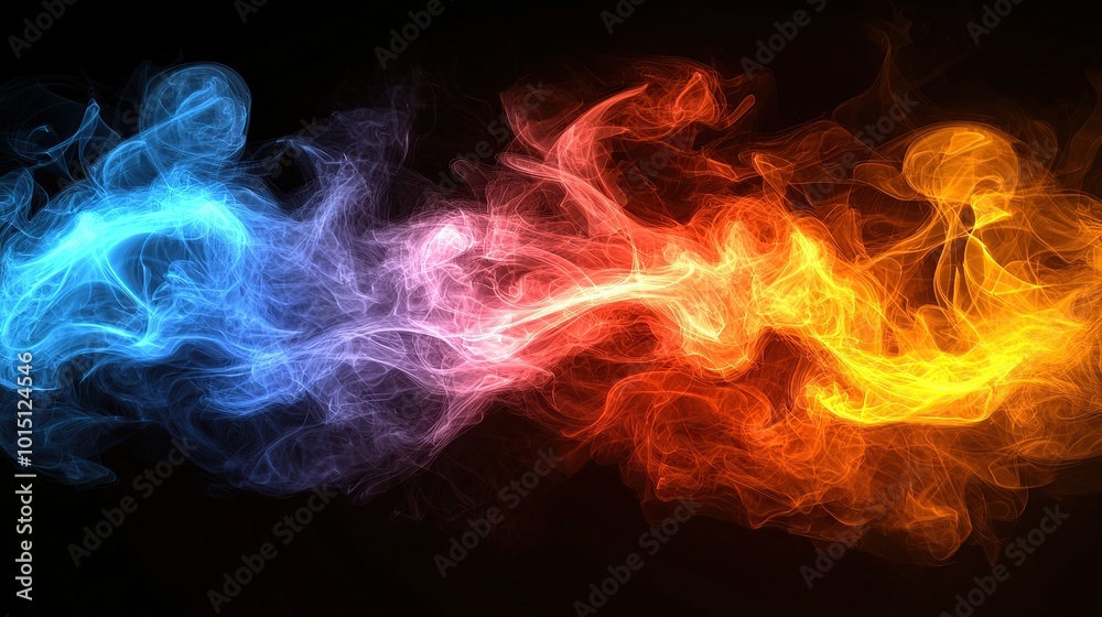 Fototapeta premium Abstract background of blue and red smoke-like patterns on a black background.