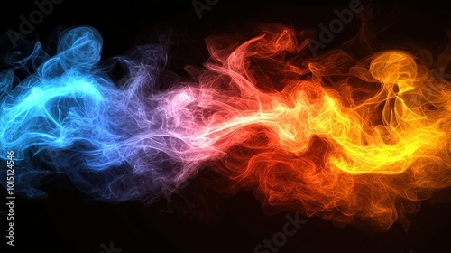 Abstract background of blue and red smoke-like patterns on a black background.