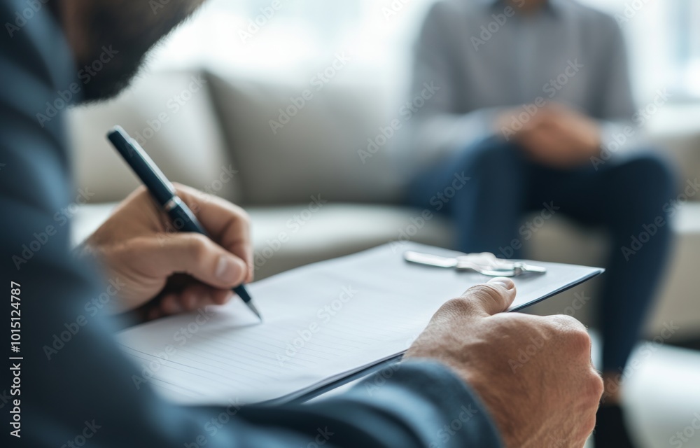 Close-up of hands holding a pen and paper in a modern therapy session, featuring a man seated on a couch engaging with a therapist in the background Close-up of hands holding a pen and paper in a modern therapy session, featuring a man seated on a couch engaging with a therapist in the background