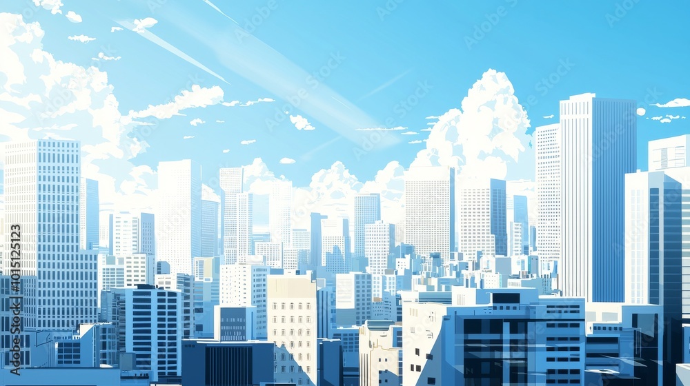 horizontal angle shot, illustration of city landscape with white and blue color sky and no characters in view, more details, city pop style, 8k resolution horizontal angle shot, illustration of city landscape with white and blue color sky and no characters in view, more details, city pop style, 8k resolution