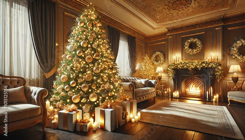 Luxurious Holiday Living Room with Gold Ornaments and Elegant Christmas Tree. AI-generated photo