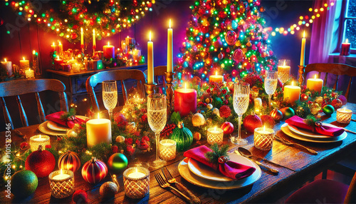 Vibrant Christmas Dinner Table with Festive Decorations and Cozy Atmosphere. AI-generated