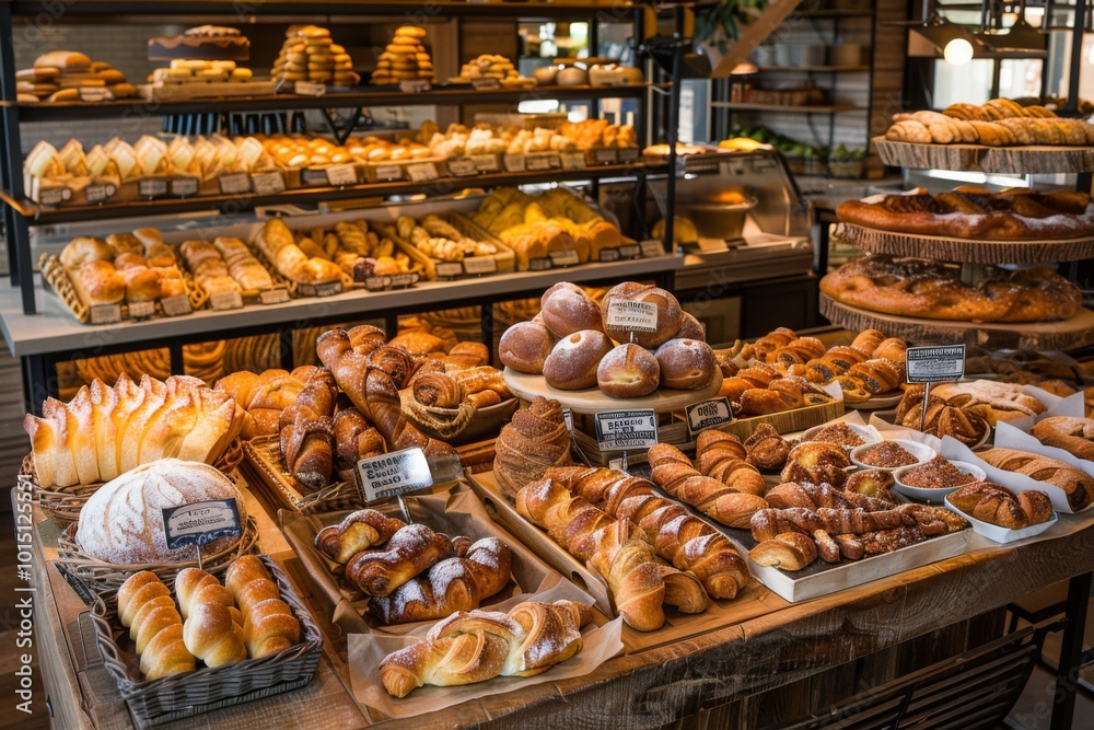 A delightful assortment of freshly baked breads and pastries in a charming bakery A delightful assortment of freshly baked breads and pastries in a charming bakery