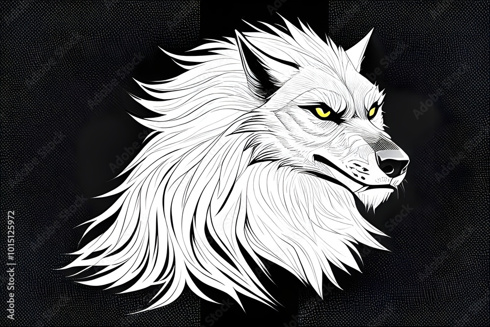 Obraz premium hand drawn monochrome, black and white, illustration of a werewolf, monster, dog, halloween, animal, claws, fangs, fur, creature, spooky, full moon, eerie, night, forest, eyes, teeth, howling, scary