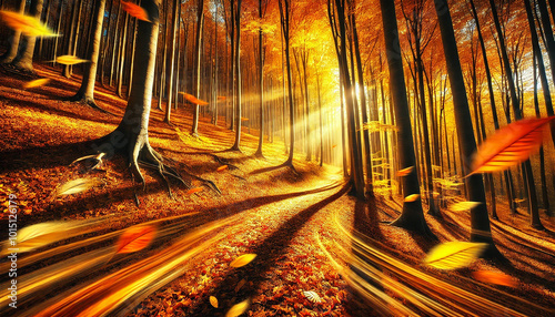 Side-Angle View of Autumn Forest with Falling Golden Leaves and Sunlit Path. AI-generated photo