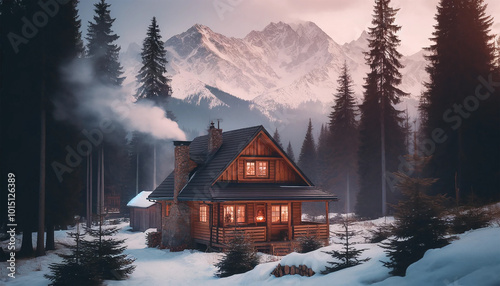 Cozy Mountain Cabin at Sunset with Snow-Covered Peaks and Pine Trees. AI-generated photo