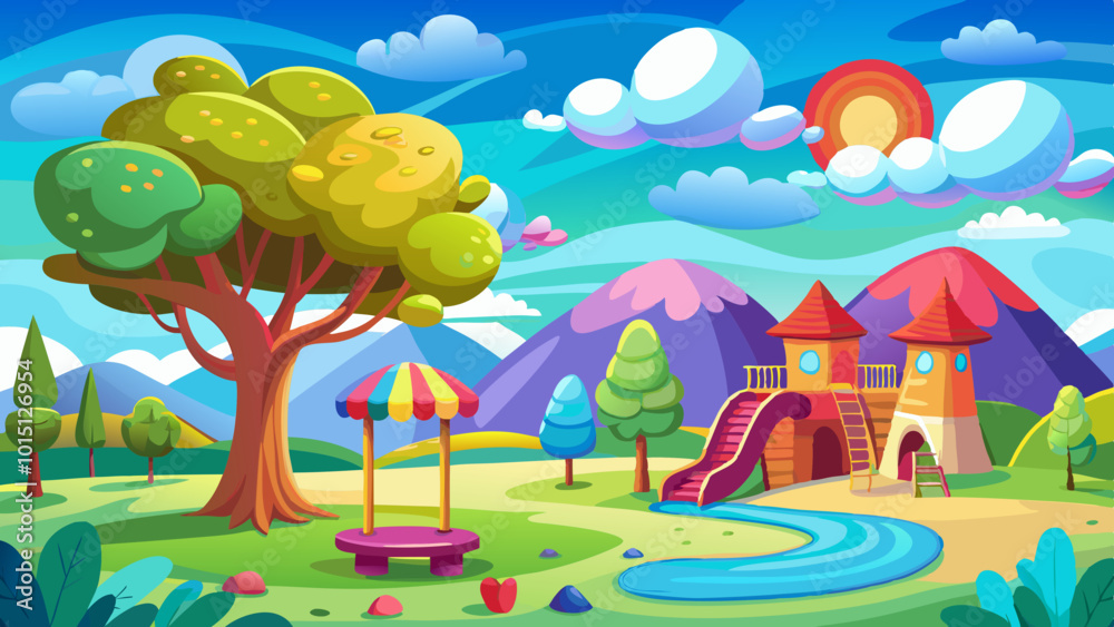 Naklejka premium A colorful and whimsical landscape with a playground, a tree, and a blue sky with fluffy white clouds