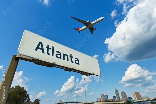 large signage to Atlanta and a airplane is passing by in the air , illustrating traveling with airplane to Atlanta, United States
 photo