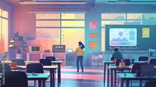 A Futuristic Classroom with Two Students Working