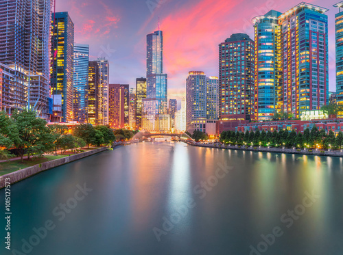 Chicago Downtown Cityscape with Chicago River at Sunrise, Illinois , United States photo