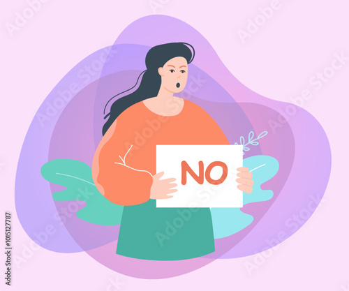 Angry woman holding sign with word no. Female character protesting or showing disapproval flat vector illustration. Protest, prohibition concept for banner, website design or landing web page