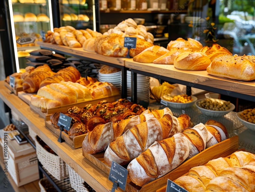 A delightful array of artisanal breads and pastries displayed in a cozy bakery, inviting every visitor to enjoy warm baked goodness A delightful array of artisanal breads and pastries displayed in a cozy bakery, inviting every visitor to enjoy warm baked goodness