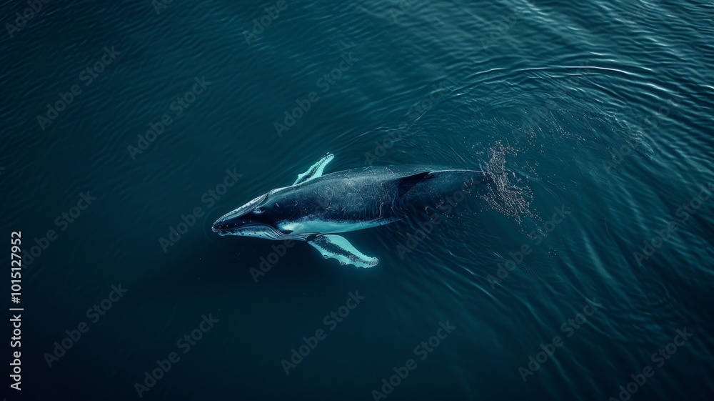 Fototapeta premium A clean, minimalistic design showing a whale from above, with its shape and contours subtly outlined against a vast, empty sea