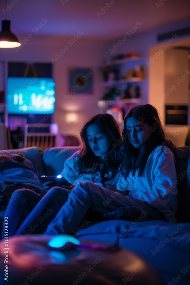 Two friends engage in a lively gaming session on a cozy couch in a softly lit lounge during an evening hangout Two friends engage in a lively gaming session on a cozy couch in a softly lit lounge during an evening hangout