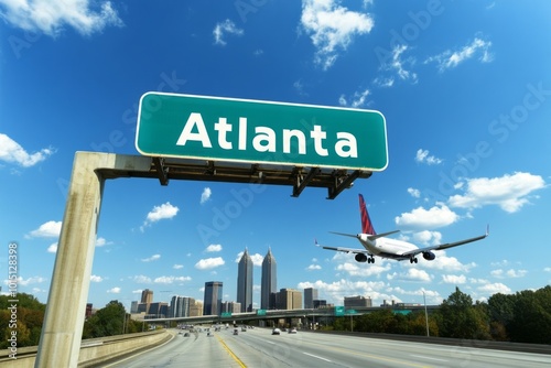 large signage to Atlanta and a airplane is passing by in the air , illustrating traveling with airplane to Atlanta, United States
 photo