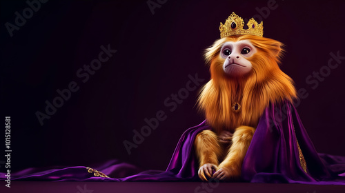  A golden lion tamarin wearing a small golden crown and royal robes photo