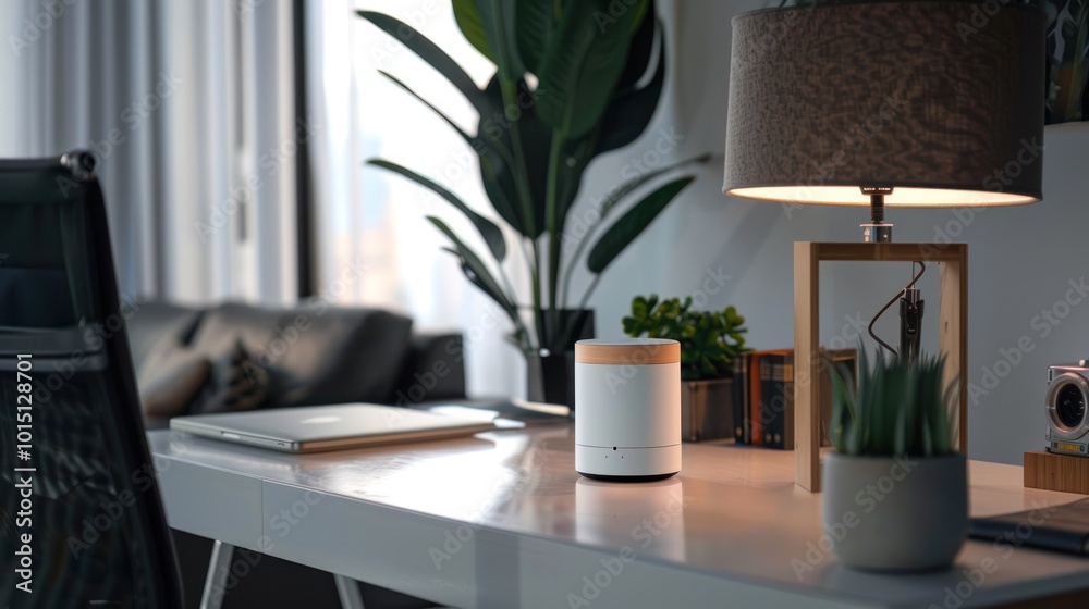 Modern Desk with a White Cylinder Speaker and a Lamp with a Fabric Shade Modern Desk with a White Cylinder Speaker and a Lamp with a Fabric Shade
