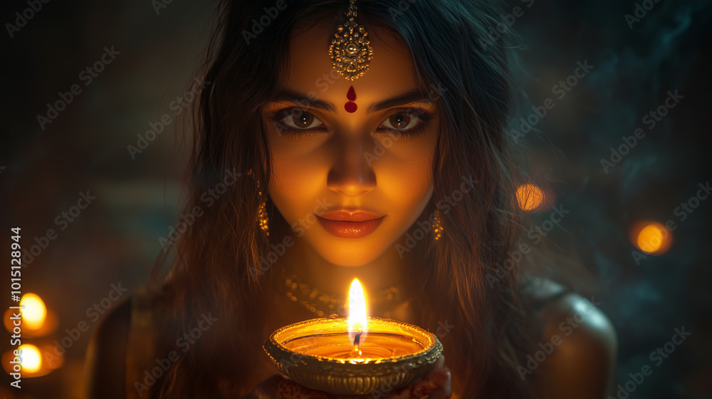 A beautiful Indian woman holding an oil lamp with a burning candle, with a glowing light effect in the background. Diwali festival concept. Copyspace, A beautiful Indian woman holding an oil lamp with a burning candle, with a glowing light effect in the background. Diwali festival concept. Copyspace,