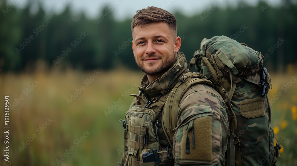 Portrait of a smiling soldier with a backpack against the background of a forest and field, looking at the camera.