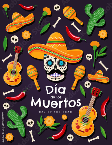 Dia de Los Muertos - Mexican Day of the Dead poster, banner, card template with title and colorful traditional objects. Vector illustration