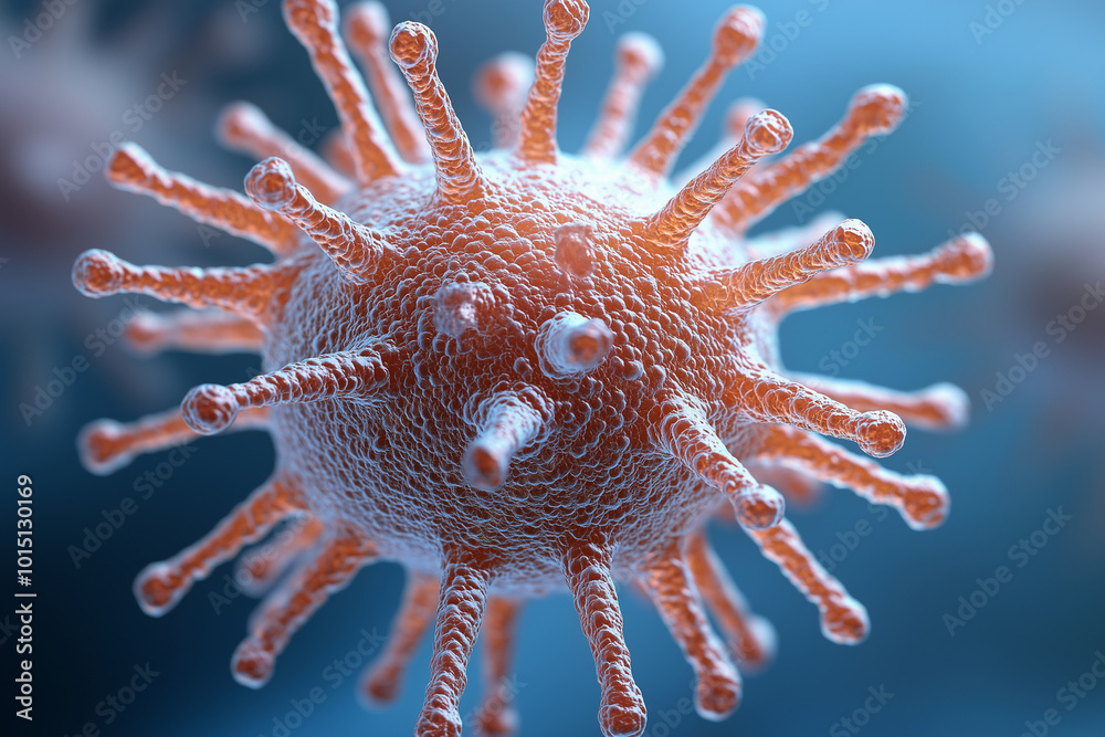 3D rendering of a realistic virus cell on a blue background. Perfect for medical and scientific themes. Close-up, 2/5 frame, stock photo. Taken with an 80mm lens at f/4, with a bok 3D rendering of a realistic virus cell on a blue background. Perfect for medical and scientific themes. Close-up, 2/5 frame, stock photo. Taken with an 80mm lens at f/4, with a bok