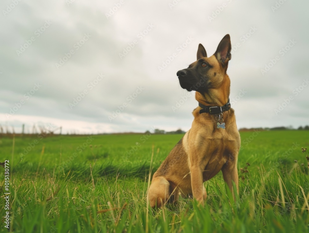 A focused dog sits proudly in a training field under overcast skies, showcasing the bond between pet and owner during obedience training A focused dog sits proudly in a training field under overcast skies, showcasing the bond between pet and owner during obedience training