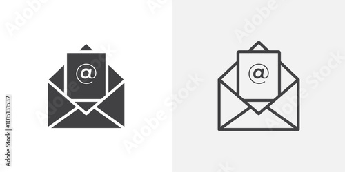 Open email icon vector icon set in black and white color.