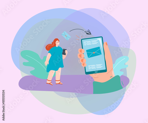 Hand holding smartphone with message sent by happy woman. Colleague or friend sending letter via mobile app flat vector illustration. Communication, e-mail concept for banner or landing web page