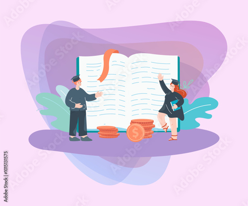 Graduate business students with gold coins and big book. Financial literacy, career for students flat vector illustration. Education, graduation, finances concept for banner or landing web page