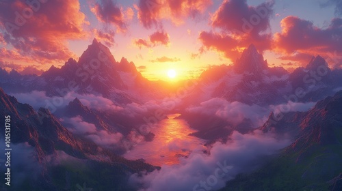 Breathtaking Sunset Over Rugged Mountain Peaks in Scenic Wilderness Landscape