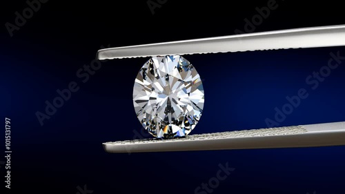 Oval cut diamond swaying slightly in tweezers on black and dark blue background. Seamless loop 3D animation