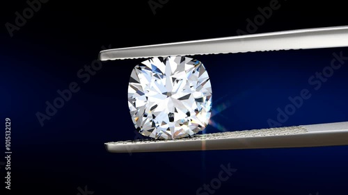 Brilliant cushion cut diamond swaying slightly in tweezers on black and dark blue background. Seamless loop 3D animation