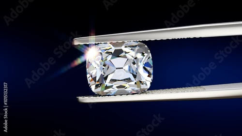 Old mine antique cushion cut diamond swaying slightly in tweezers on black and dark blue background. Seamless loop 3D animation