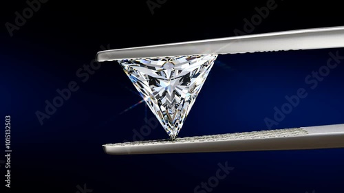 Triangle cut diamond swaying slightly in tweezers on black and dark blue background. Seamless loop 3D animation