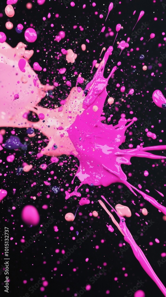 A vibrant pink and purple paint splatters on a black background, creating an energetic and dynamic display. A vibrant pink and purple paint splatters on a black background, creating an energetic and dynamic display.