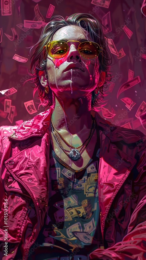Man in Pink Jacket with Sunglasses and Money Rain Man in Pink Jacket with Sunglasses and Money Rain